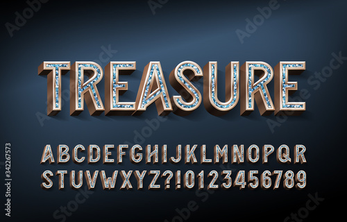 Treasure alphabet font. 3D gold letters and numbers with gemstones. Stock vector typescript for your design.