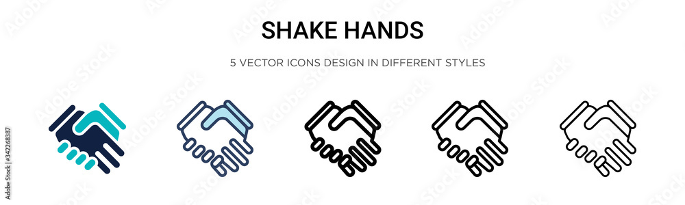 Shake hands icon in filled, thin line, outline and stroke style. Vector illustration of two colored and black shake hands vector icons designs can be used for mobile, ui, web