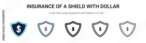 Insurance of a shield with dollar sign icon in filled, thin line, outline and stroke style. Vector illustration of two colored and black insurance of a shield with dollar sign vector icons designs