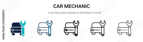 Car mechanic icon in filled, thin line, outline and stroke style. Vector illustration of two colored and black car mechanic vector icons designs can be used for mobile, ui, web