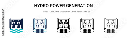 Hydro power generation icon in filled, thin line, outline and stroke style. Vector illustration of two colored and black hydro power generation vector icons designs can be used for mobile, ui, web