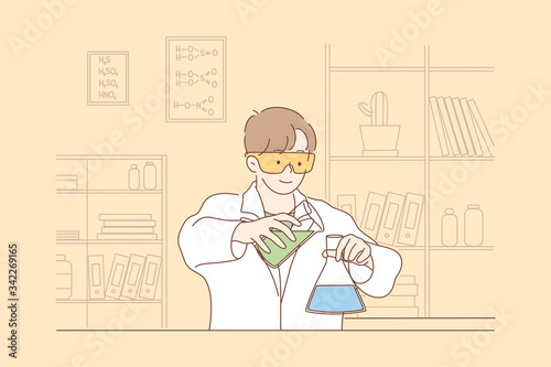 Science, chemistry, experiment concept. Young happy man scholar medical worker makes chemical reaction with reagents in laboratory. Scientific test, academic research or vaccine creation illustration.