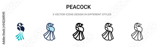 Peacock icon in filled, thin line, outline and stroke style. Vector illustration of two colored and black peacock vector icons designs can be used for mobile, ui, web