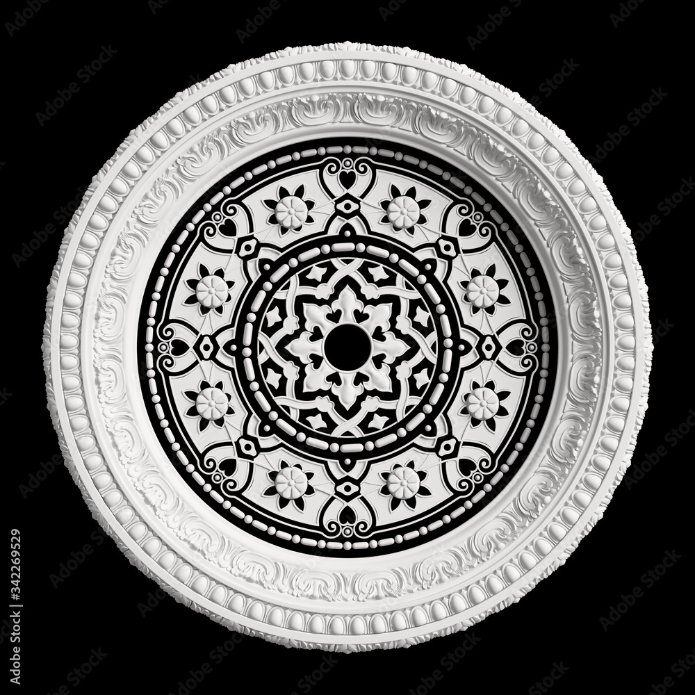 Classic white frame with ornament decor isolated on black background