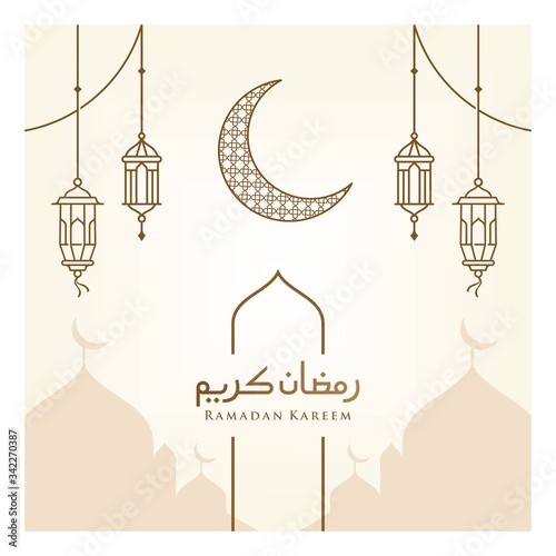 Arabic ramadan lantern, simple ramadan Kareem arabic caligraphy vector , Eid Mubarak Greeting Line icon minimal vector design with mosque Glowing Lantern and hanging crescent moon star