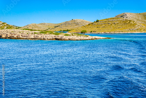 Croatian coast, sea and rocky beach, Croatia. Vacation and travel concept. Mediterranean landscape.