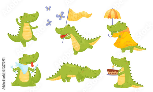 Fototapeta Naklejka Na Ścianę i Meble -  Toothy Friendly Crocodile Dancing and Walking with Umbrella Vector Set
