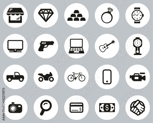 Pawn Shop Or Thrift Store Icons Black & White Flat Design Circle Set Big