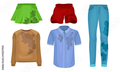 Dirty Laundry or Clothes with Spots of Mud Vector Set