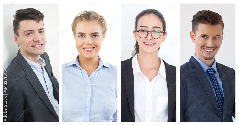 Happy attractive business men and women isolated portrait set. Smiling young people in office suits multiple shot collage. Business people concept Happy attractive business men and women isolated portrait set. Smiling young people in office suits multiple shot collage. Business people concept