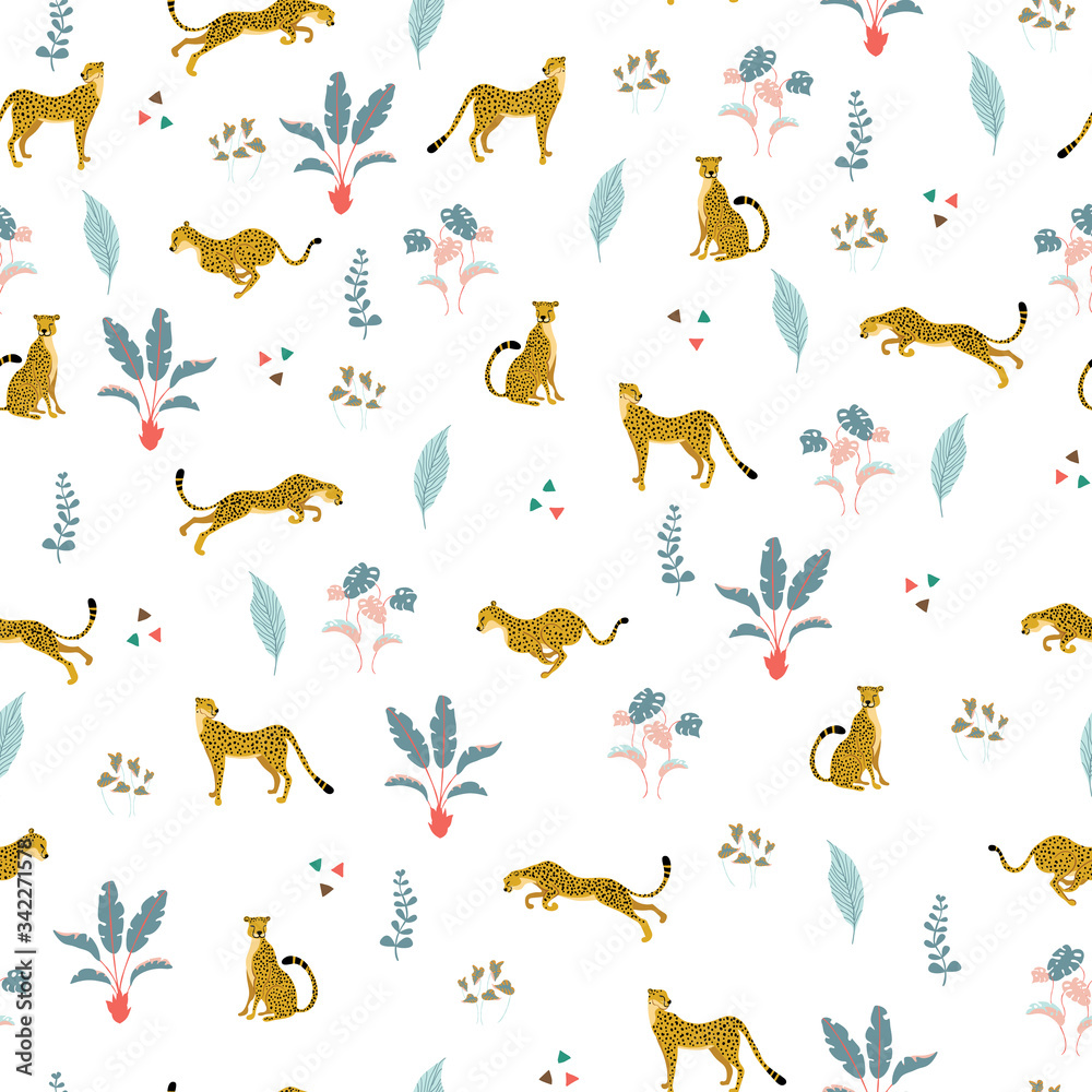 Fototapeta premium Seamless pattern with wild cats Cheetahs in different poses and exotics palms tree coloured with bright pastel. Tropical summer on white backdrop. Great for wrap paper, wallpapers, web, surface design