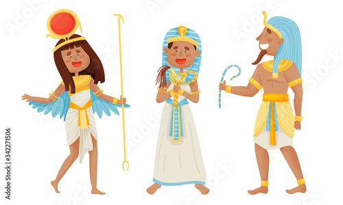 Egyptian Pharaoh and Deities Wearing Antique Clothing Vector Set