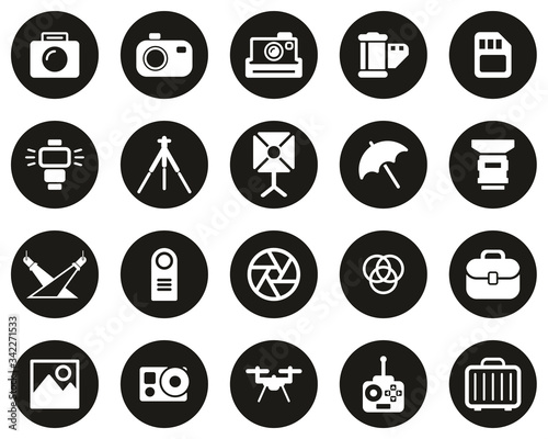 Photography Equipment Icons White On Black Flat Design Circle Set Big