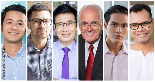 Happy confident Asian and Caucasian men portrait set. Smiling people of different races, ages, occupations multiple shot collage. Business people concept