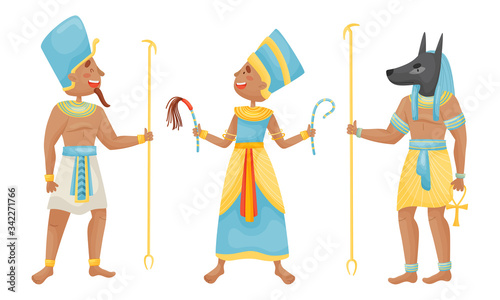 Egyptian Pharaoh and Deities Wearing Antique Clothing Vector Set
