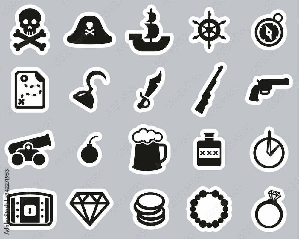 Pirate Icons Black & White Sticker Set Big