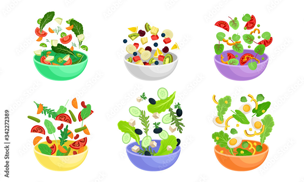 Sliced Vegetable and Fruit Salad Ingredients Falling Down in the Bowl Vector Set