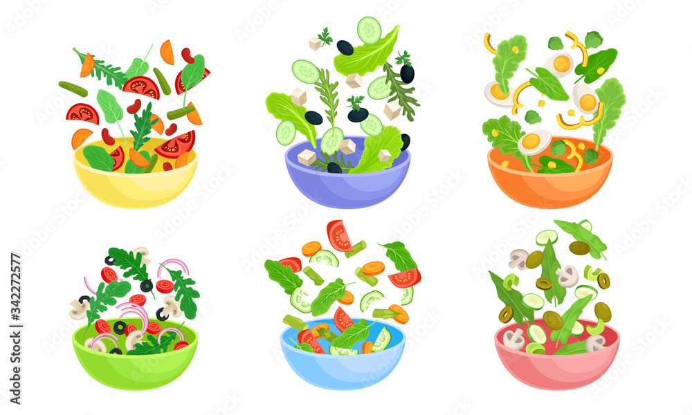 Sliced Vegetable Salad Ingredients Falling Down in the Bowl Vector Set