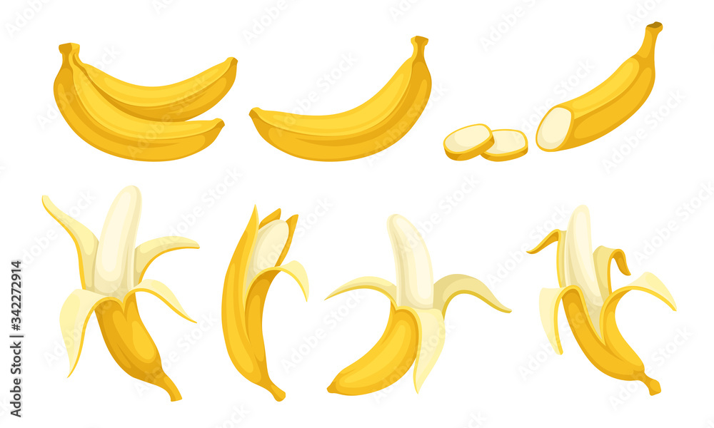 Yellow Banana Fruit Whole and Chopped with Peel and Without Vector Set