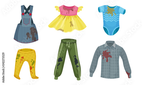 Spotted Kids Clothes with Splashes of Mud All Around Vector Set © Happypictures