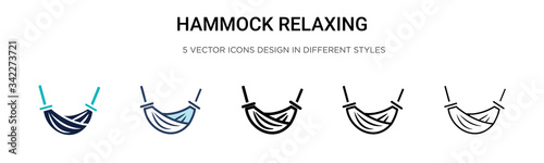 Hammock relaxing icon in filled, thin line, outline and stroke style. Vector illustration of two colored and black hammock relaxing vector icons designs can be used for mobile, ui, web