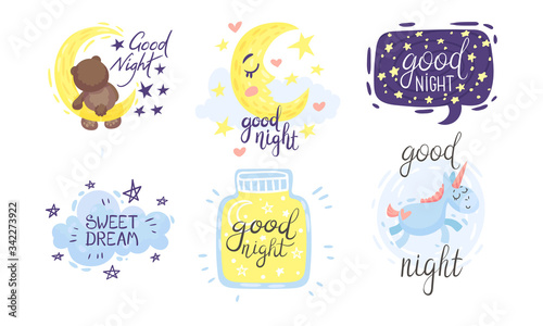 Cute Pictures with Good Night and Sweet Dreams Inscriptions Vector Set