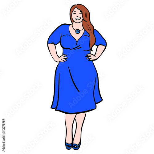 fat woman laughing and wearing a nice blue dress. self-confidence, curvy, health, fashion, comic.