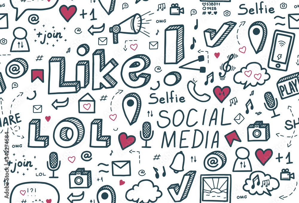 Social media seamless pattern. Hand drawn vector illustration in cute doodle style Social media seamless pattern. Hand drawn vector illustration in cute doodle style