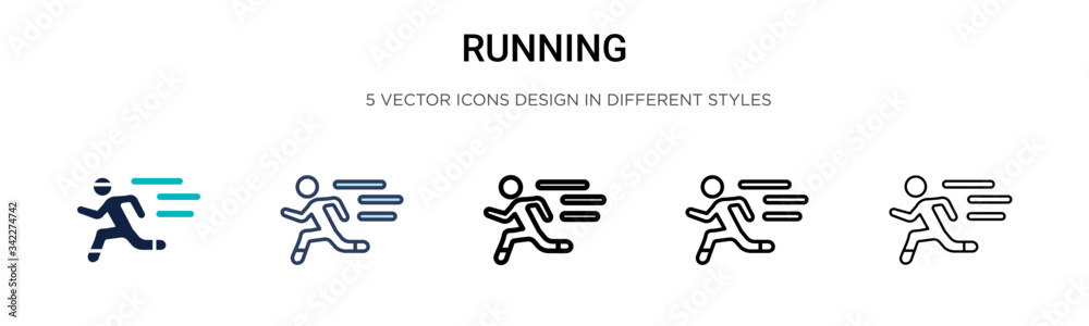 Running icon in filled, thin line, outline and stroke style. Vector illustration of two colored and black running vector icons designs can be used for mobile, ui, web