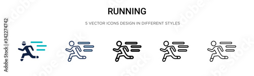 Running icon in filled, thin line, outline and stroke style. Vector illustration of two colored and black running vector icons designs can be used for mobile, ui, web