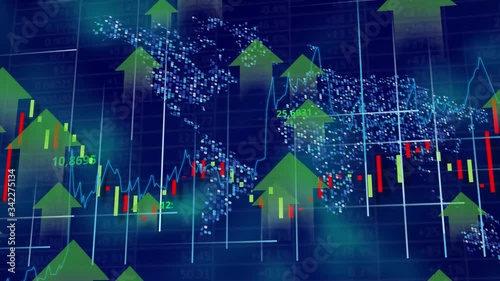 Global financial crisis - technology background. Lot of arrows moving up and then turn down. World map behind. Stock downfall animation.