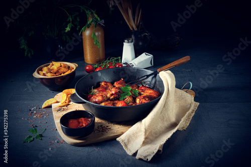 Spicy chicken wings in honey with potato wedges photo