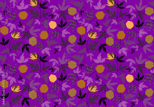 Butterflies and flowers on dark violet background. Summer floral seamless pattern. Vector illustration patch work for wrapper, cloth, linens