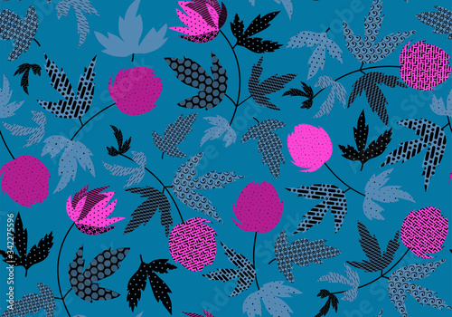 Wild flowers on dark turquoise background. Summer floral seamless pattern. Vector illustration patch work for wrapper, cloth, linens