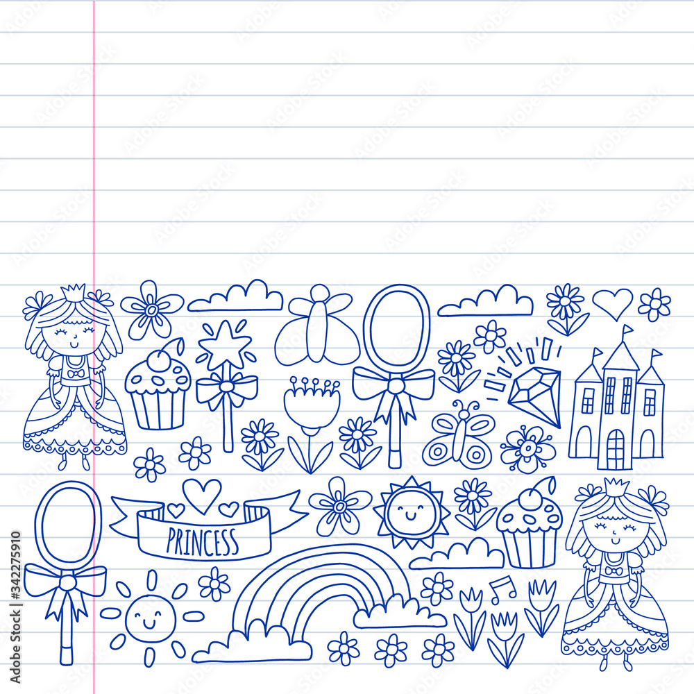 Obraz premium Princess illustration for happy birthday party. Children illustration. Vector pattern for little girls.