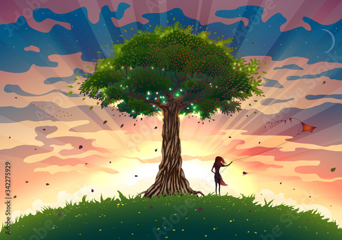 Fantasy sunset landscape with tree and girl flying kite, summer sunrise illustration with light beams, beautiful nature with sky, green grass and flowers on meadow in vector