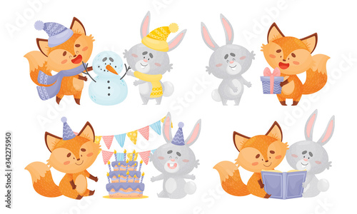 Humanized Fox and Hare Engaged in Different Activities Vector Set