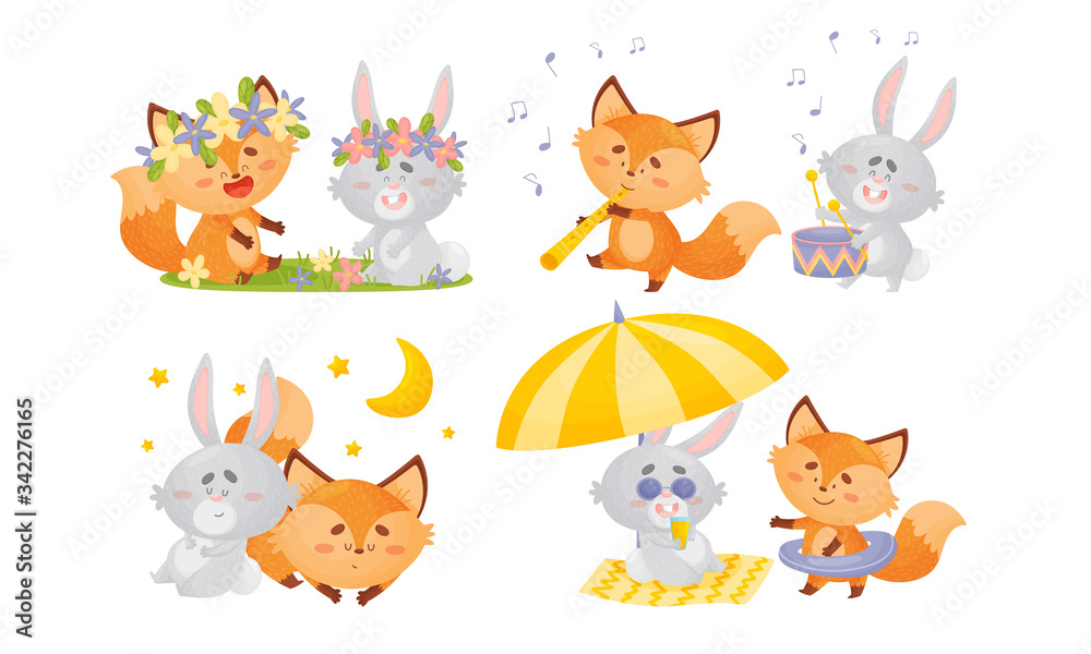 Fototapeta premium Humanized Fox and Hare Engaged in Different Activities Vector Set