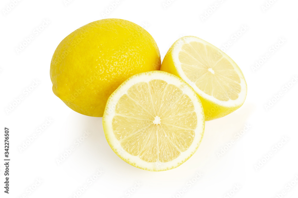 Closeup fresh lemon fruit slice isolated on white background, food and healthy concept Closeup fresh lemon fruit slice isolated on white background, food and healthy concept