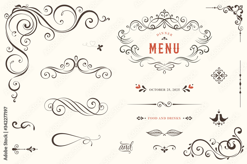 Vector set of ornate calligraphic vintage elements, dividers and page decorations.