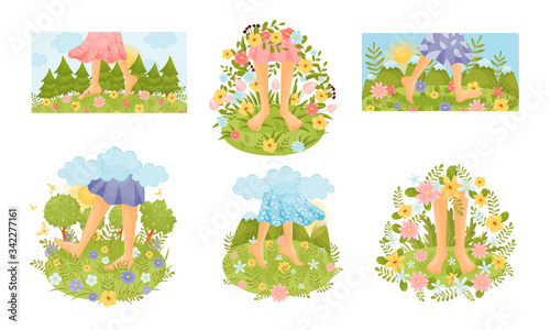 Bare Feet Walking Through the Field or Meadow Touching Soft Green Grass Vector Scenes Set