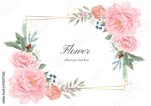 Flower frame golden pink peony. Wedding flower invitation card. Watercolor flora greeting.