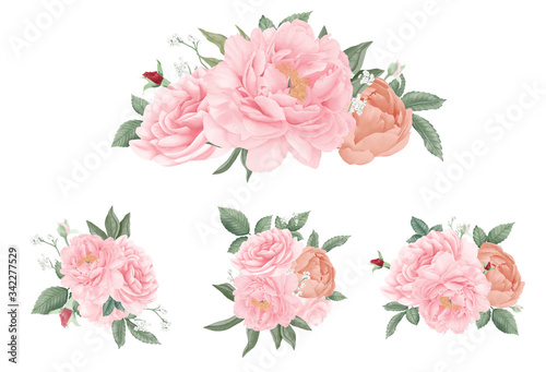 Rose Peony Bouquet Set. watercolor hand drawn beautiful collection. Wedding Flower.