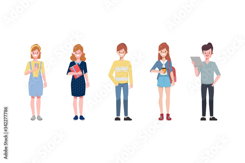 Character man in different ages. A baby, a child, a teenager, an adult, an elderly person. The life cycle. Generation of people and stages of growing up. Vector illustration in cartoon style.