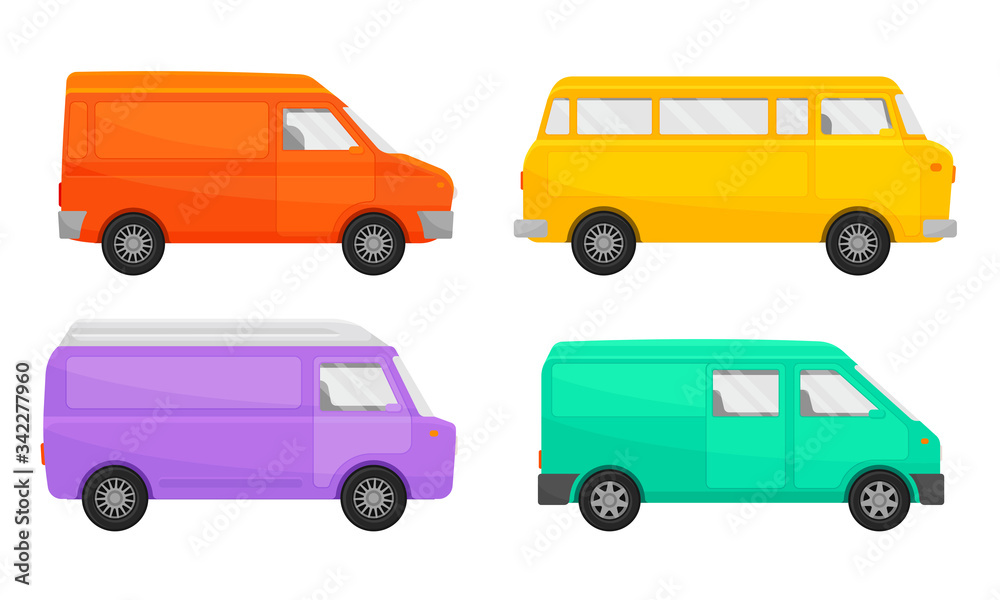 Bright Minibus or Shortbus Isolated on White Background Vector Set