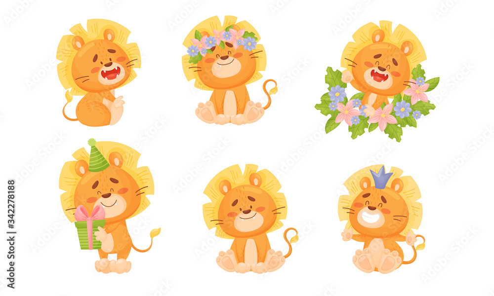 Naklejka premium Cartoon Lion Cub Sitting and Smiling Showing Sharp White Teeth Vector Set