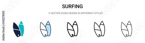 Surfing sign icon in filled, thin line, outline and stroke style. Vector illustration of two colored and black surfing sign vector icons designs can be used for mobile, ui, web