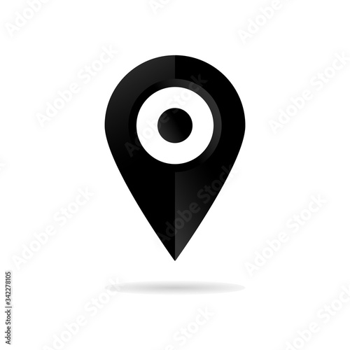 Point designation on map icon.Black dot designation on map with shadow on white background.Flat,Vector illustration