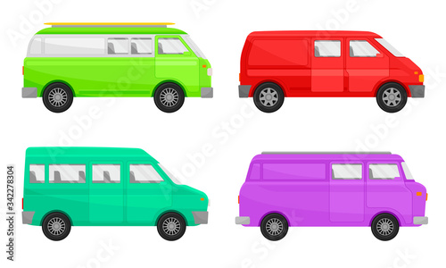 Shortbus or Microbus for Urban Trips Isolated on White Background Vector Set