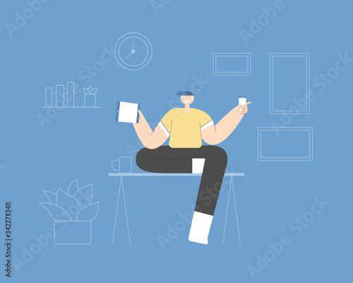 A man using tablet and smartphone at home. Stay home and self isolation concept. Vector character in flat design illustration.